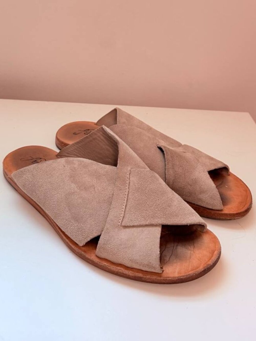 Free People - Beige Cross-Strap Suede Vicente Slide Sandals - Size 40 (US 9)